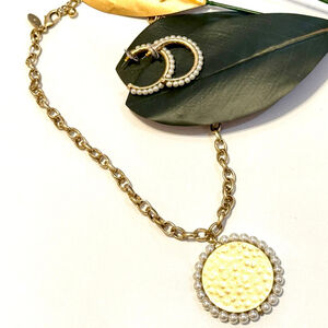 CHICO’S Gold Pearl-lined Medallion Necklace + Earrings Set | NWOT